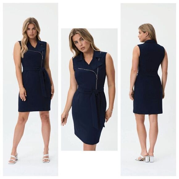 💙 EN FOCUS STUDIO Sleeveless Belted Moto Sheath Navy Blue Dress SIZE 8 - Picture 10 of 10